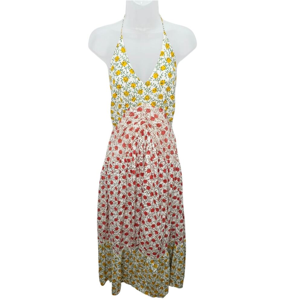 Ash & Eden Floral Halter Maxi Dress Women's M Open Back Smocked Cottagecore